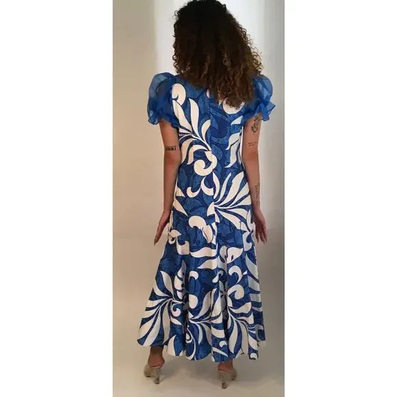 Vintage Dress Women's Medium Blue & White Tropical Floral Cotton Peplum Dress - Picture 4 of 5